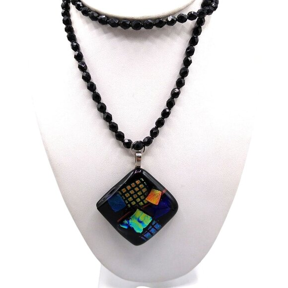 Dichroic Art Glass Modernist Pendant on Black Glass Beaded Chain, Beautiful Vint - Picture 1 of 8